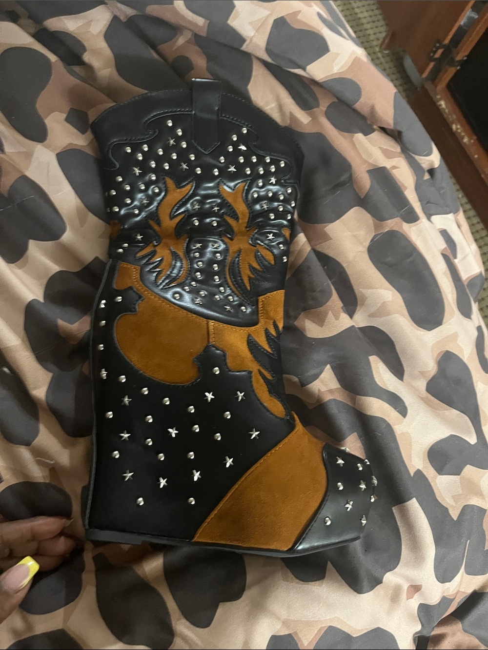 AKIRA Black and Brown Studded Western-Heel Boot